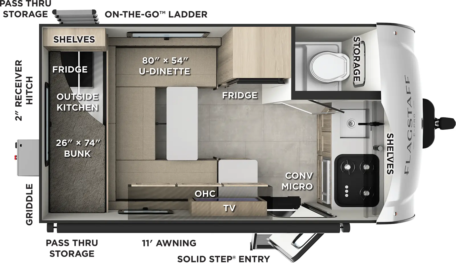 The Flagstaff E-Pro E15RDG floorplan has one entry and zero slide outs. Exterior features include: fiberglass exterior and 11' awning. Interiors features include: bunk beds and u-dinette.
